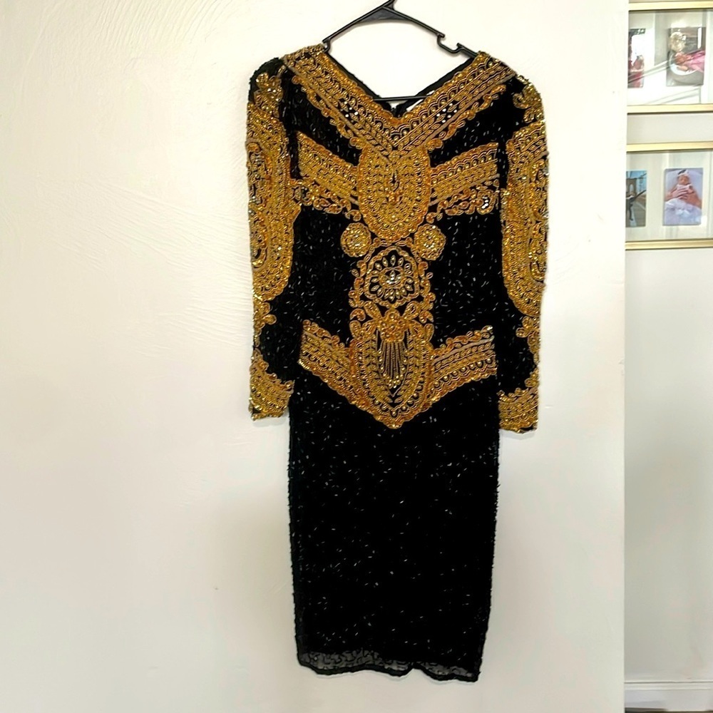 Vintage 100% silk beaded gold and black long sleeve dress
